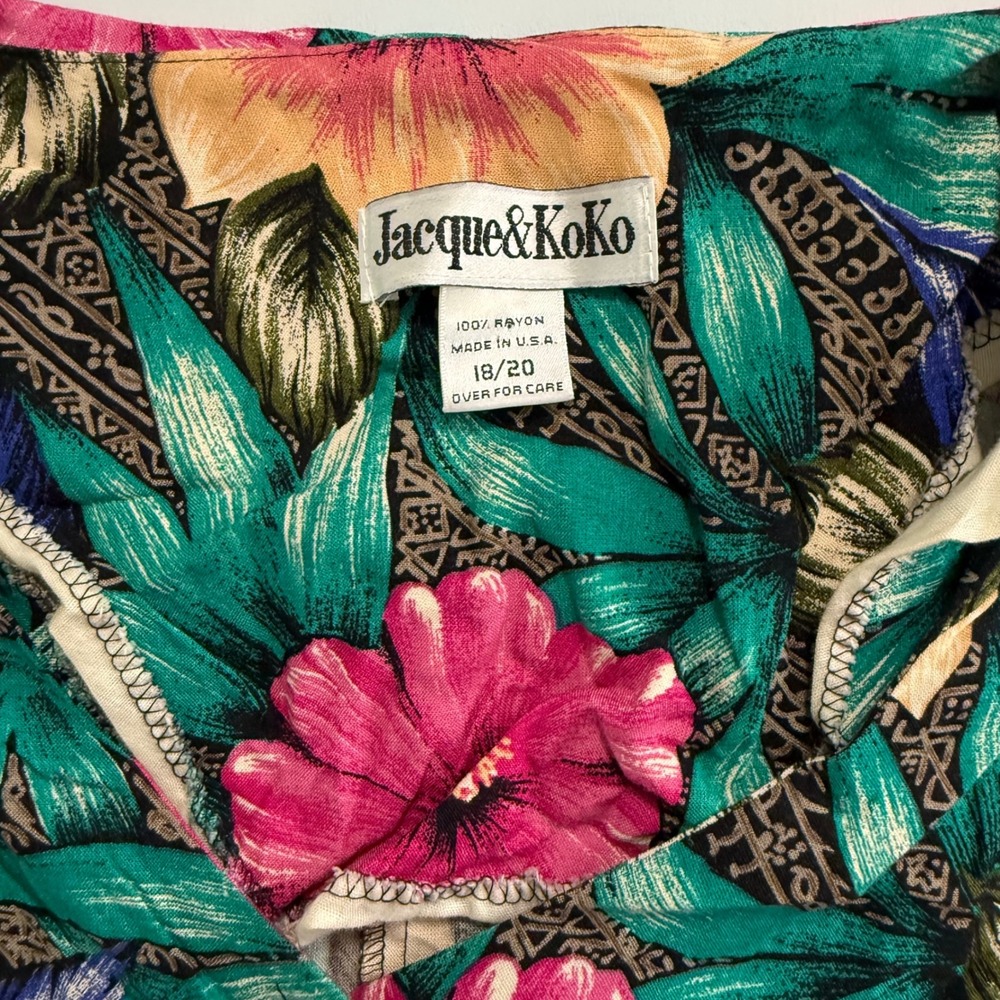Jacque & Koko Vintage 90s Floral Romper Plus Size 18/20 Tropical Rayon Teal Pink - Picture 5 of 12